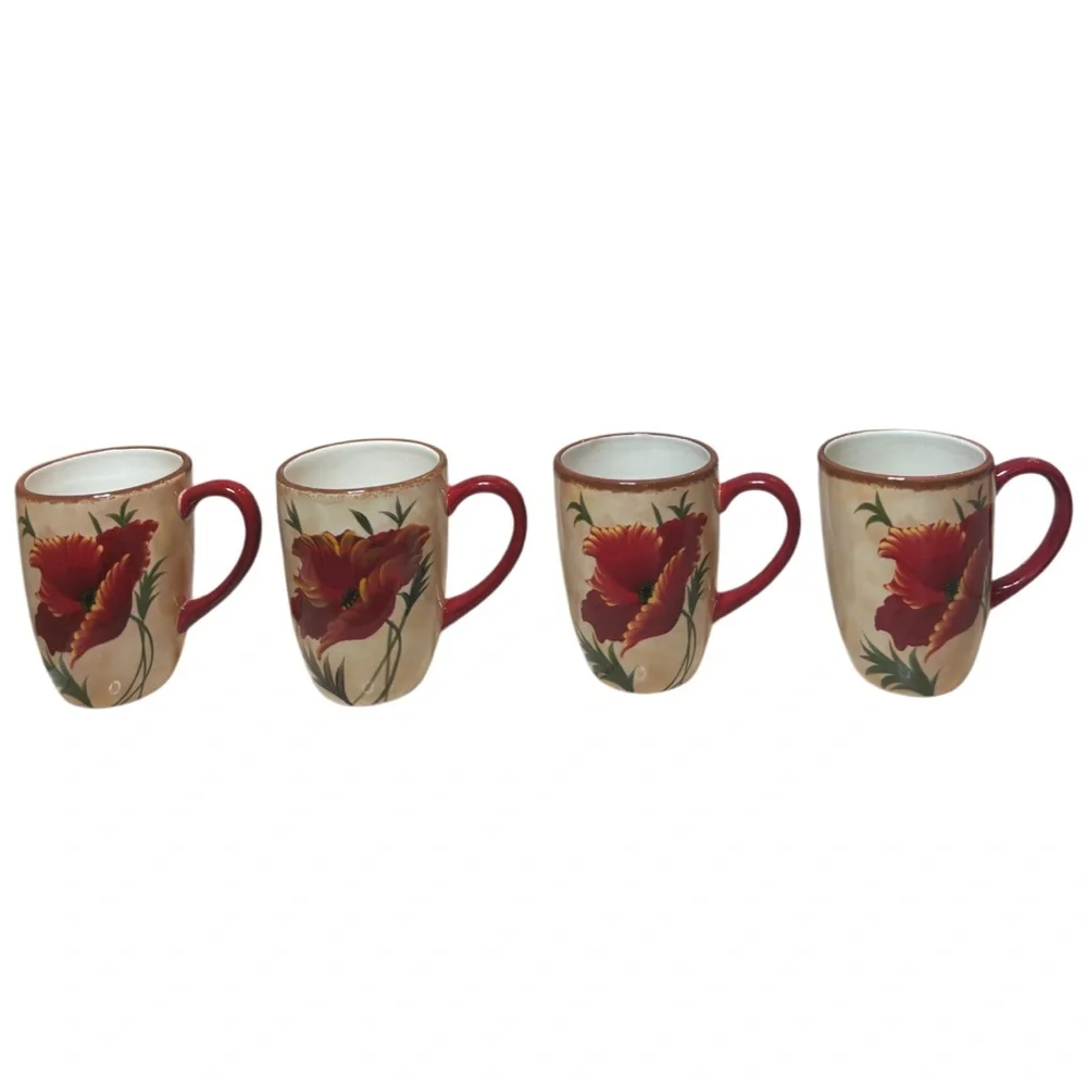 Pier 1 Poppies Mug 4 Piece Set Hand Painted Earthenware Replacements Red Floral